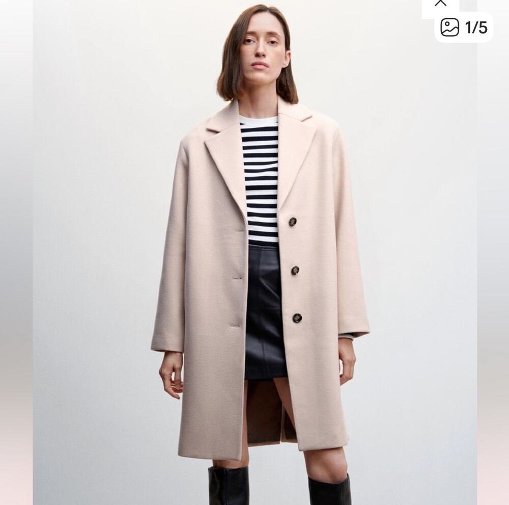 Mango Nude Pink Button Down Collard Wool Coat Size XS